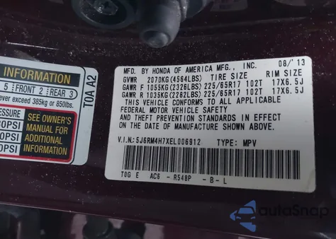 2014 Honda Cr-V Ex-L from USA, damaged, VIN 5J6RM4H7XEL006912